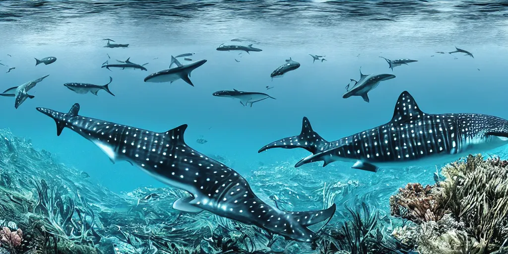 Image similar to hyperrealistic underwater photography, panoramic picture of an ocean floor with in the distance some whale sharks. focus on the sharks. the sharks are anatomically correct and highly detailed. the shark's eyes are intricately detailed. there are lots of bubbles. seaweed and some rocks. gloomy scattered light entering from the water surface, trending on artstation, hq, 4 k