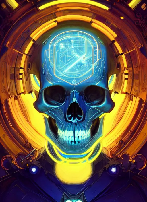 Image similar to symmetry!! portrait of a skull, sci - fi, tech wear, blue and yellow glowing lights!! intricate, elegant, highly detailed, digital painting, artstation, concept art, smooth, sharp focus, illustration, art by artgerm and greg rutkowski and alphonse mucha