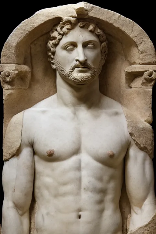 Image similar to an ancient greek marble statue of actor gerard butler, painted in reconstructed original colors, courtesy of the british museum