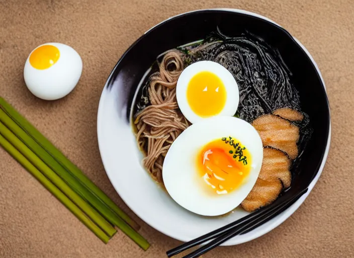 Image similar to dslr food photograph of tankatsu black ramen with a soft boiled egg, 8 5 mm f 1. 8