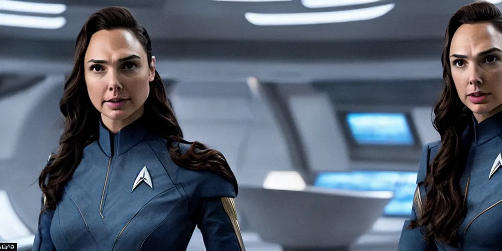 Image similar to gal gadot, in full starfleet uniform, is the captain of the starship enterprise in the new star trek movie