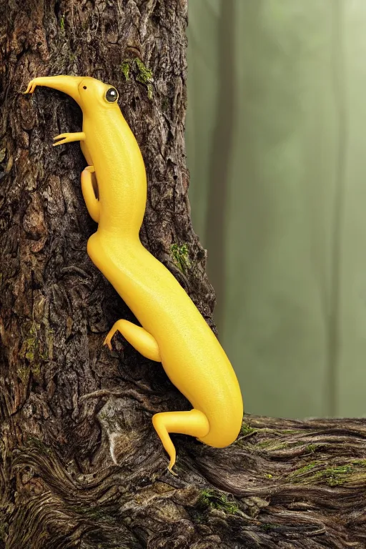 Image similar to A brilliant yellow banana slug with deer antlers, poised magnificently on a tree stump deep in a redwood forest, magical, deep woods, octane render, 8k,realism, insanely detailed, intricate, natural lighting, illustrated by TamberElla, national geographic wildlife photography, digital art, fantasy creature, realistic Trending on artstation, artstationHD, artstationHQ, 4k, 8k