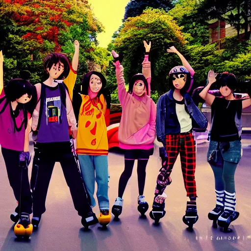 Prompt: gang of anime youths rollerblading, rollerskating, colorful clothes, 2 0 0 1 anime, flcl, jet set radio future, golden hour, japanese town, cel - shaded, strong shadows, vivid hues, y 2 k aesthetic