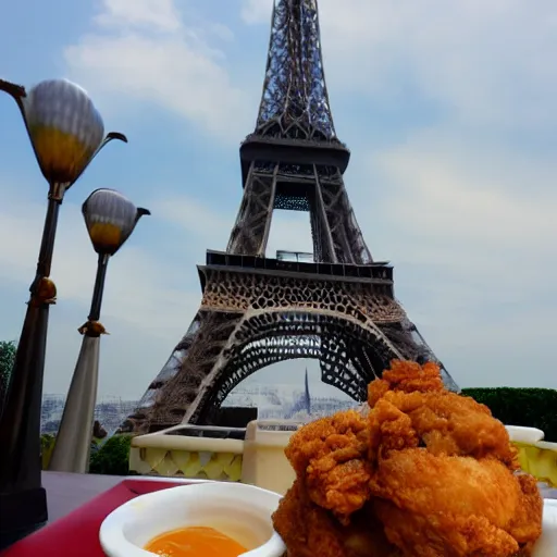 Image similar to fried chicken on top of the eiffel tower