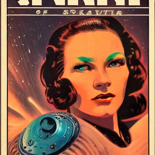 Image similar to vintage sci-fi book cover, high detail, portrait of a beautiful woman, film grain