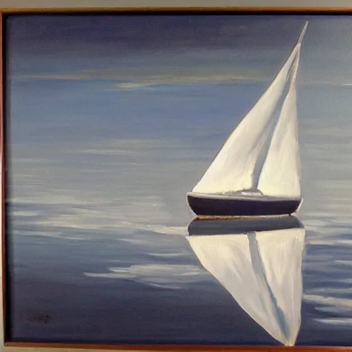 Prompt: white sailboat on a dark blue sea by a port, coherent, oil on canvas, reflection