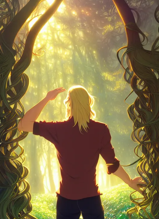 Image similar to book cover design, slender young man with long golden blond hair, shiny and sparkling, from behind, back shot, lost in a magical forest, natural lighting, path traced, highly detailed, high quality, cartoon, digital painting, by don bluth and ross tran and studio ghibli and alphonse mucha