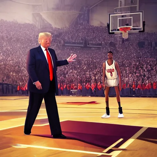 Prompt: Donald Trump with basketball players body, realistic artstyle, wide shot, dramatic lighting, octane render, hyperrealistic, high quality, highly detailed, HD, beautiful, cinematic, 8k, unreal engine, facial accuracy, symmetrical