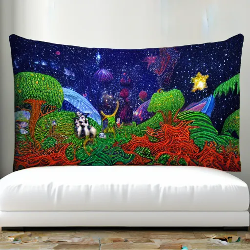 Prompt: psychedelic couch sofa in the lush forest, milky way, designed by moebius, rob gonsalves, gustav dore, giuseppe arcimboldo and carl barks, louis wain, trending on artstation, mediterranean, star, sharp focus, colorful refracted sparkles and lines, soft light, 8 k 4 k