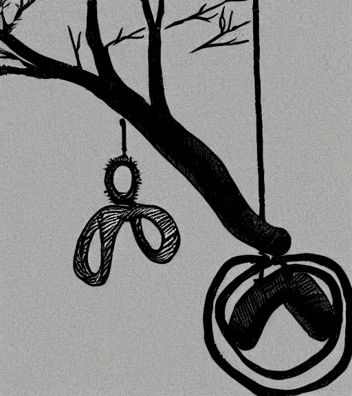 Prompt: a detailed illustration of a sad rubber tire hanging from a tree by a noose, somber introspective satire