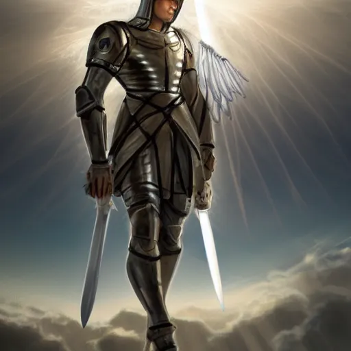 Image similar to an archangel soldier holds a white sword above his head and points it towards the sky. The sword channels a beacon of light energy down from the clouds which refracts into many shards of light on the tip of his sword, medieval battlefield, artstation, 8k, incredibly detailed art