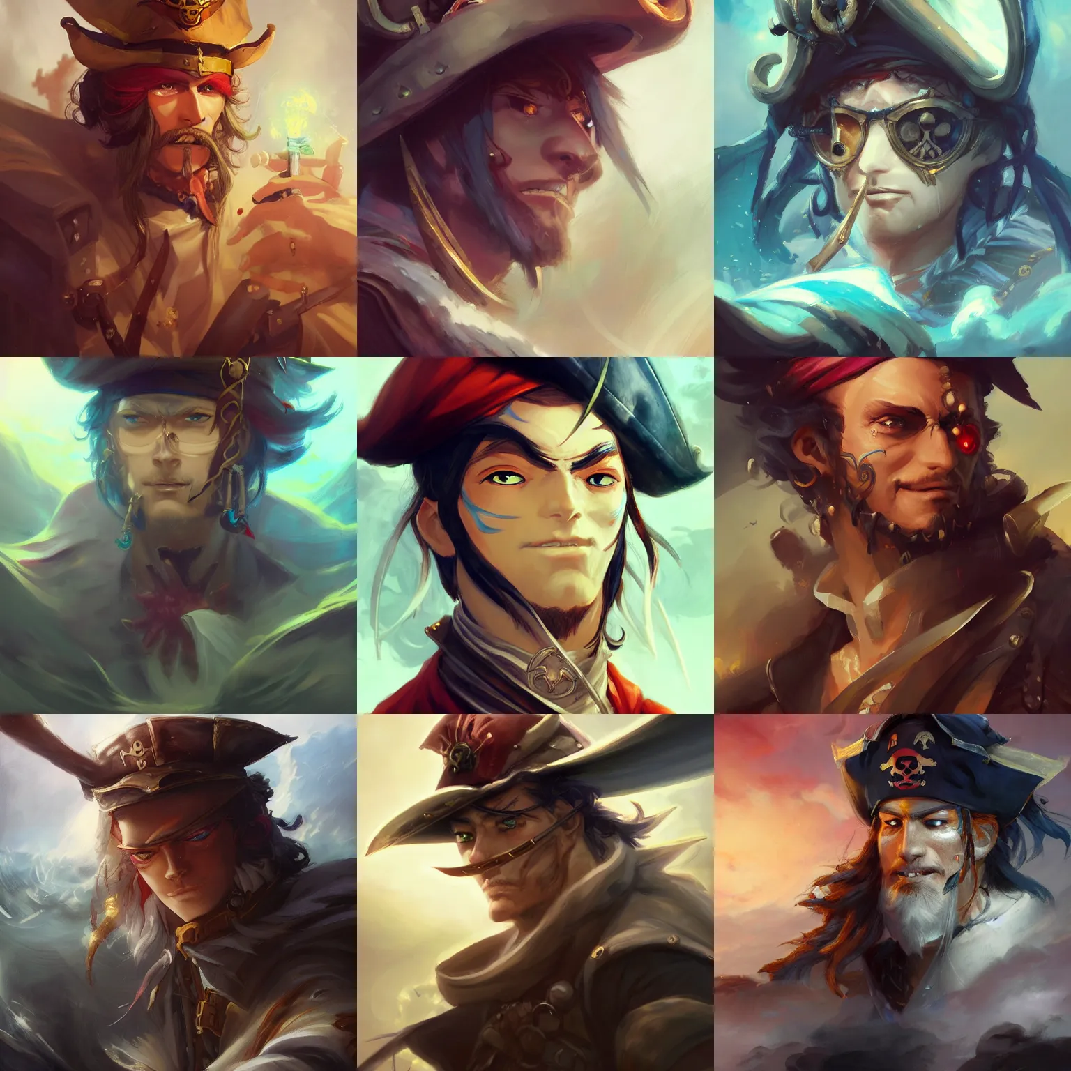 Prompt: A high fantasy anime pirate captain on a ship, by Peter Mohrbacher and Craig Mullins, face close up, official media, beautiful, detailed, high quality, wallpaper 4K, epic, trending on artstation and behance, dynamic lightning