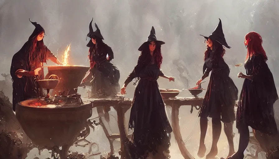 Prompt: A beautiful painting of witches brewing with a cauldron by greg rutkowski and Kalin Popov, trending on artstation