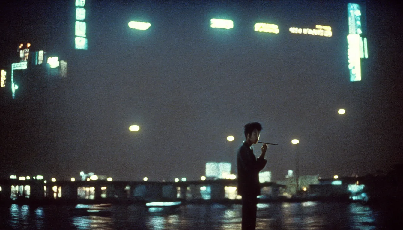 Image similar to 80s asian neon movie still with a man smoking cigarette by the river at night with city lights behind his back. Fallen angels movie still. hyperrealistic, high definition, medium format photography, highly detailed, tehnicolor