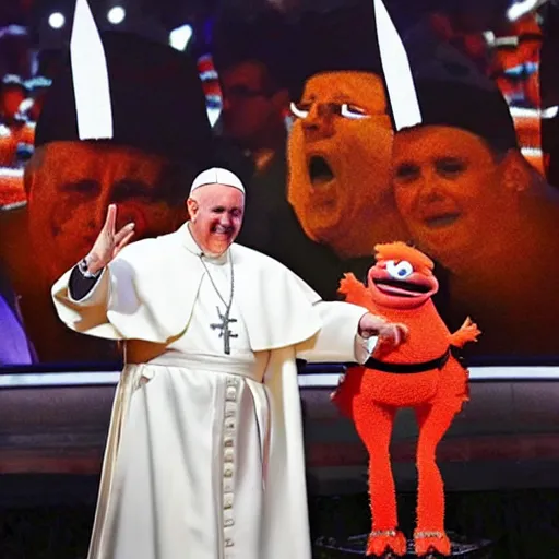 Image similar to guy fieri dressed as the pope is blessing trump supporters, the crowd is filled with muppets, award winning photo,