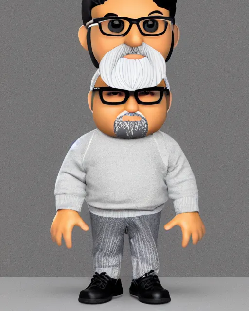 Prompt: full body 3 d render of indian man, chubby face, small light grey beard, small glasses, grey hair, sweater, as a full body funko pop!, studio lighting, grey background, single body, no shadow, blender, trending on artstation, 8 k, highly detailed