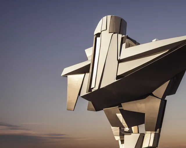 Prompt: photo of minimalist abstract cubist sculpture of curvy spaceship with random small mecha mayan decorations, covered with few large white airplane parts with windows and doors, gigantic size, sunset lighting