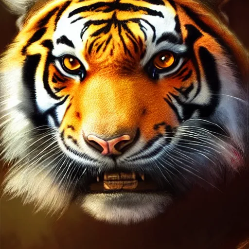 Image similar to a detailed portrait of a tiger with armor, by justin gerard and greg rutkowski, digital art, realistic painting, dnd, character design, trending on artstation