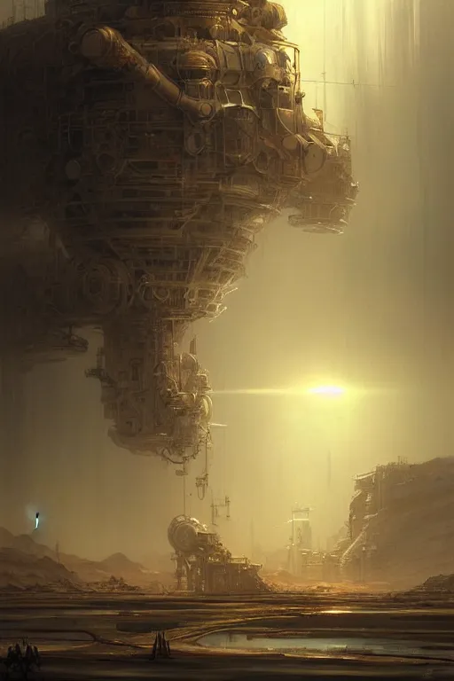 Image similar to factory on mars, yellow dust, high - tech, by wlop, by luis royo, by peter mohrbacher, concept art, digital illustration, intricate, masterpiece, elegant, super detailed, unreal engine rendering, smooth, sharp focus, artstation hq