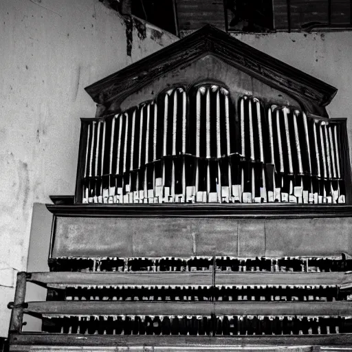 Image similar to black and white photo of a haunted pipe organ in an abandoned warehouse, dirty, hazy, depressing, haunted