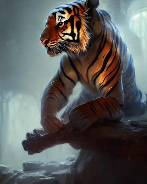 Image similar to daniel gerhartz and wlop and tom baghshaw, detailed portrait, digital painting of a beautiful half - tiger half - woman, evil mood, throne room in the background, embers flying, unreal engine, hyper realism, realistic shading, cinematic composition, blender render, octane render, ultrawide shot