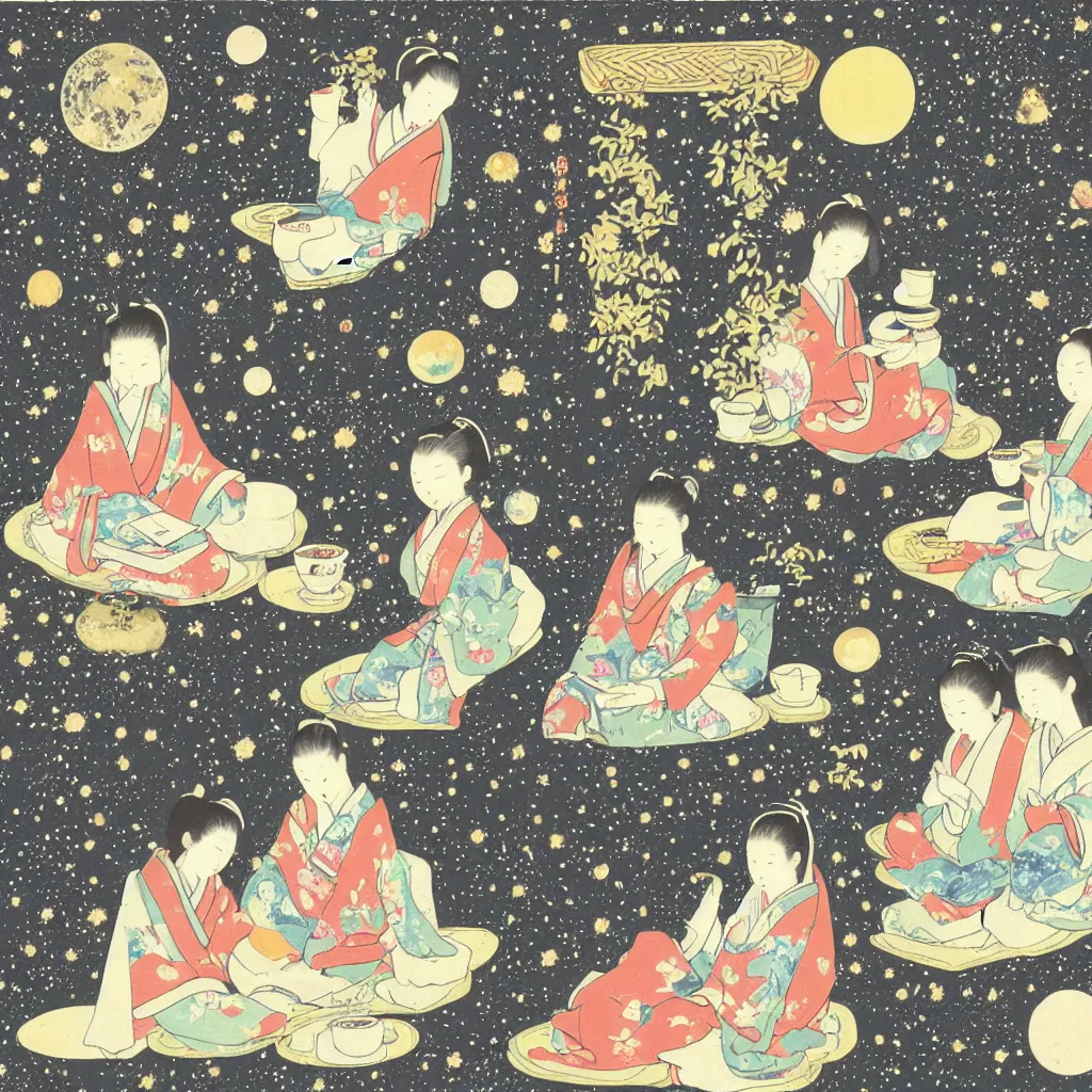 Image similar to Japanese style picture of two sisters reading a book and drinking herbal tea made with celestial fluids in the balcony covered with plant pots which opens up to celestial sky filled with galaxies and planets. A small while do sitting beside them. Scented candles lit around them. Highly detailed. Celestial. Satisfying.