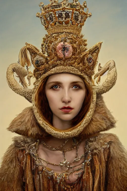 Image similar to anthropomorphic sheep queen, crown, oil on canvas, intricate, portrait, 8 k highly professionally detailed, hdr, cgsociety