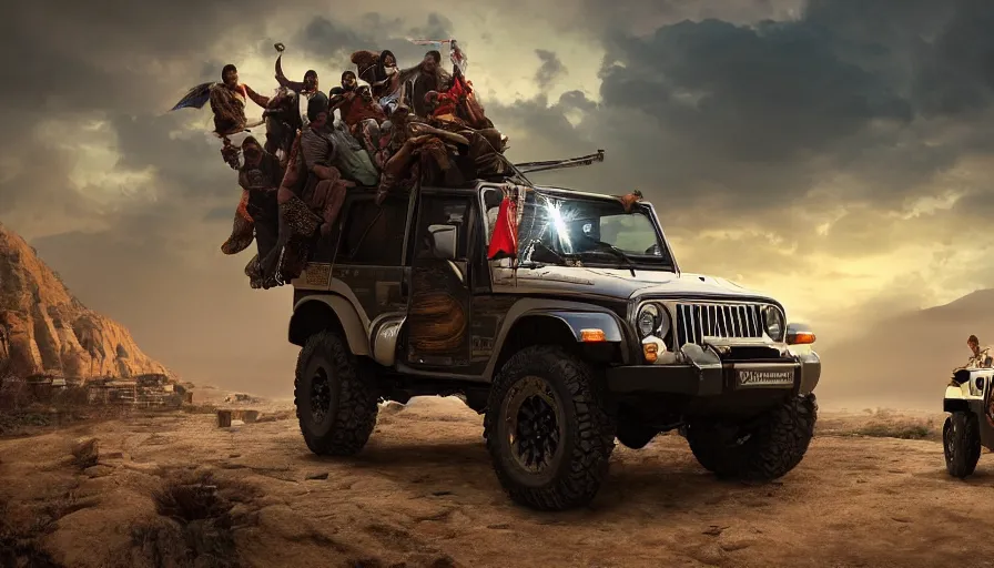 Prompt: mahindra thar, tribe members watching nearby, an epic fantasy, dramatic lighting, cinematic, establishing shot, extremely high detail, photorealistic, cinematic lighting, artstation, by zaha hadid, horizon forbidden west