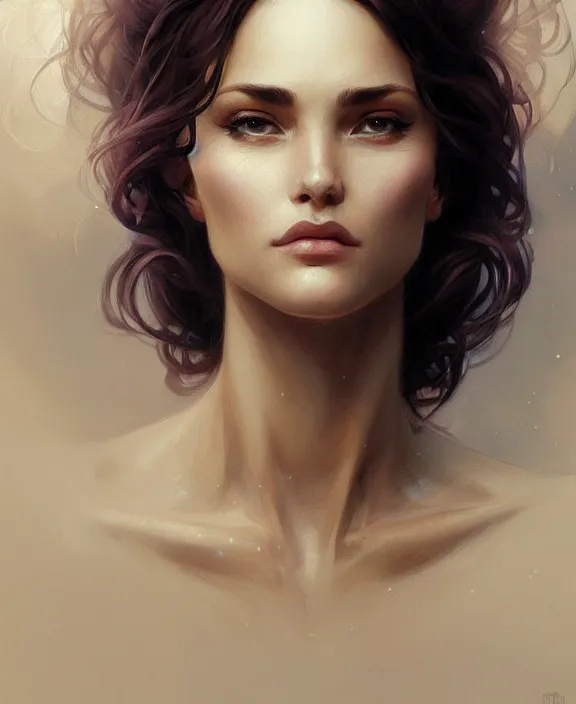 Image similar to portrait close up of woman, concentrated look, symmetry, d & d, fantasy, intricate, elegant, highly detailed, digital painting, artstation, concept art, art by artgerm and greg rutkowski and alphonse mucha, boris vallejo