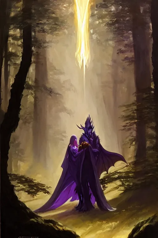 Image similar to a dark dragon is gnawing a wizard in a white robe with a golden border, in a magical forest clearing, details, purple fire around magic arena, arcane style, futurism, painting by greg rutkowski, j. c. leyendecker, artgerm