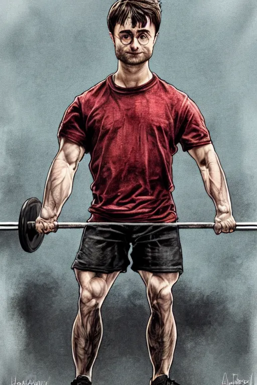 Image similar to highly detailed rendering of Daniel Radcliffe as Harry Potter doing barbell back squats, dingy gym, wearing a muscle tee shirt, symmetrical, highly detailed, digital painting, artstation, concept art, smooth, sharp focus, illustration, cinematic lighting, art by artgerm and greg rutkowski and alphonse mucha