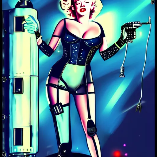 Image similar to marilyn monroe in a cyberpunk spacesuit, cigarette dangling, grenade in hand, by pascal blanche, ultradetailed, 8 k