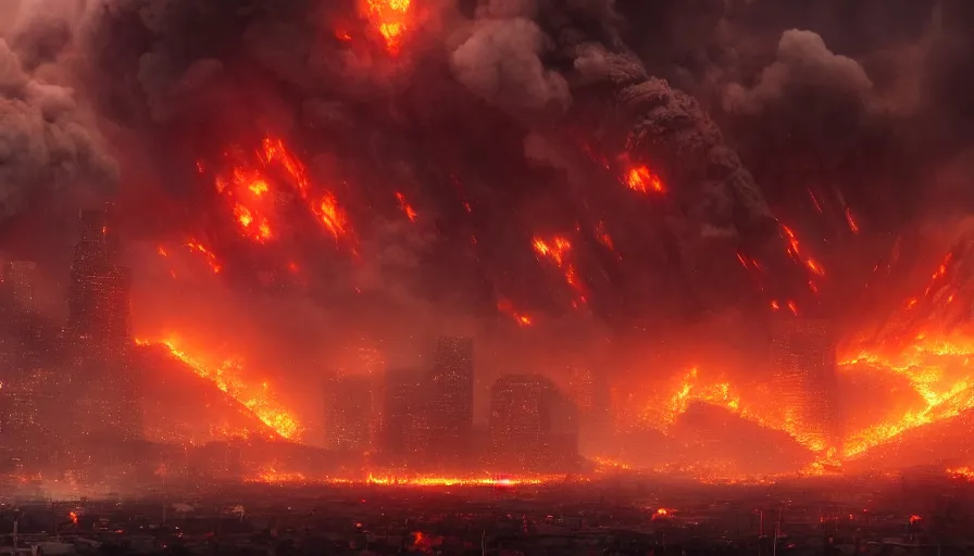 Prompt: Kronos destroying Los Angeles, fire and ashes everywhere, smoke columns, hell on earth, apocalypse, people fleeing, explosions, hyperdetailed, artstation, cgsociety, 8k