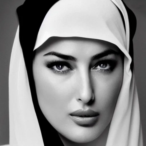 Image similar to young arab Monica Bellucci, blue eyes, white veil, closeup, focus