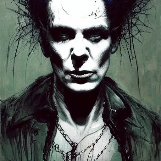 Image similar to stunning portrait of gaunt sid vicious a ( the cure fan ) as dream from sandman, dim stars as eyes, by jeremy mann, by cedric peyravernay, by by russ mills, by richard avedon and ben templesmith, dramatic lightning, sadness, dark eye sockets, in the shadows, punk rock, gothic, high detailed, 8 k