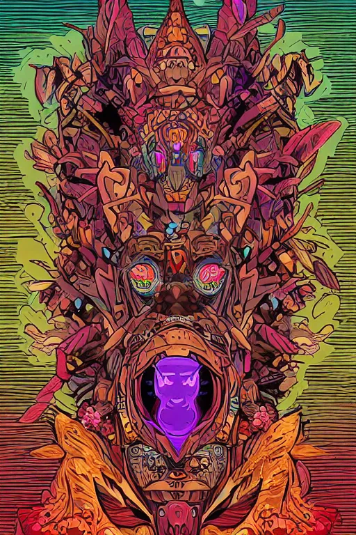 Image similar to animal mask totem roots flower tribal feather gemstone plant wood rock shaman vodoo video game vector cutout illustration vivid multicolor borderlands comics by josan gonzales and dan mumford radiating a glowing aura