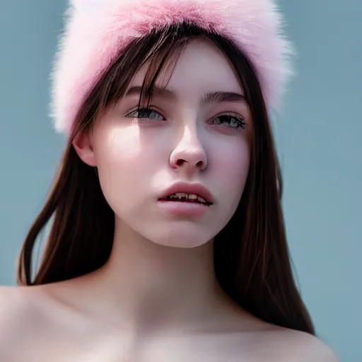 Prompt: photorealistic portrait of cute girl model, close up, staring directly at camera, fluffy soft pink and white cotton balls floating in air, natural lighting, blurry background, shot on iphone 1 3 pro,