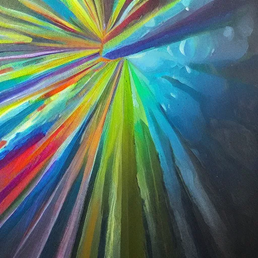 Image similar to rainbow colored crystal cave, oil on canvas,