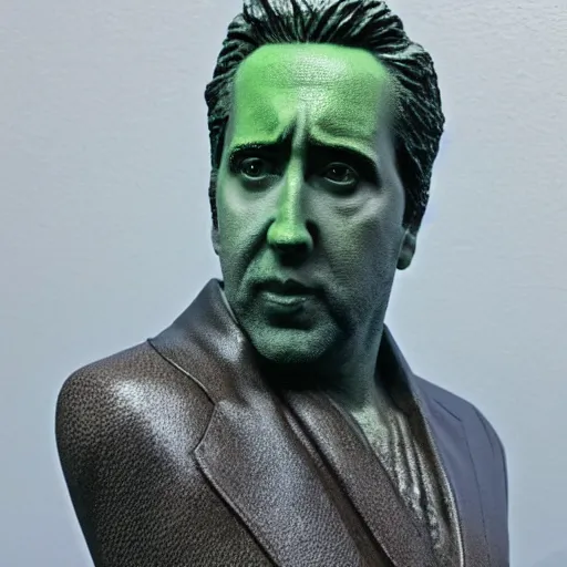 Image similar to Nicolas Cage mossy statue, green moss all over, bottom of the ocean, deep ocean, fish, 4k, detailed, photorealistic, photo