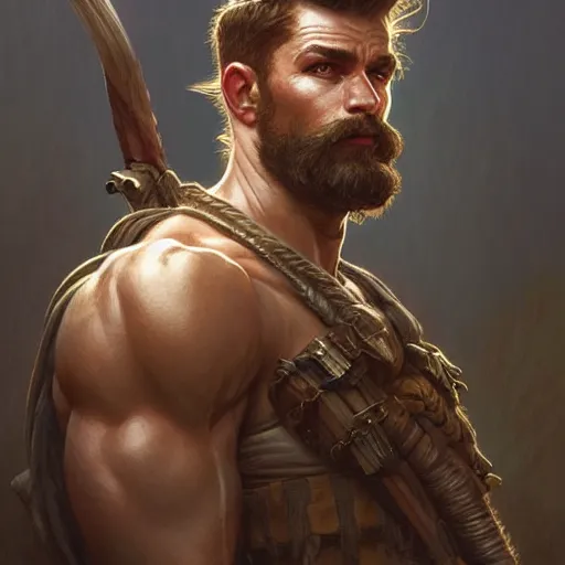 Image similar to Portrait of rugged male ranger, D&D, muscular, fantasy, intricate, elegant, highly detailed, digital painting, artstation, concept art, smooth, sharp focus, illustration, art by artgerm and greg rutkowski and alphonse mucha