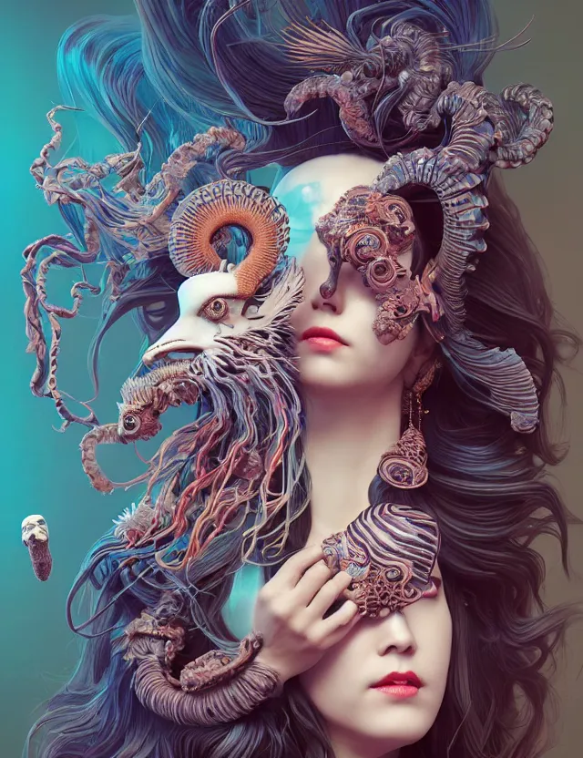 Image similar to 3 d slvic goddess half - turn portrait with long hair with ram skull. beautiful intricately detailed japanese crow kitsune mask and clasical japanese kimono. betta fish, jellyfish phoenix, bio luminescent, plasma, ice, water, wind, creature, artwork by tooth wu and wlop and beeple and greg rutkowski