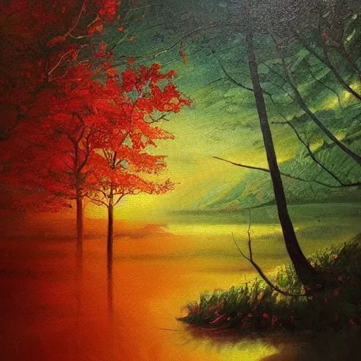 Prompt: A painting of a beautiful scene of nature. The colors are very soft and muted, and the overall effect is one of serenity and peace. The composition is well balanced, and the brushwork is delicate and precise. bright, 2010s, warm red by Virgil Finlay contest winner, #wow