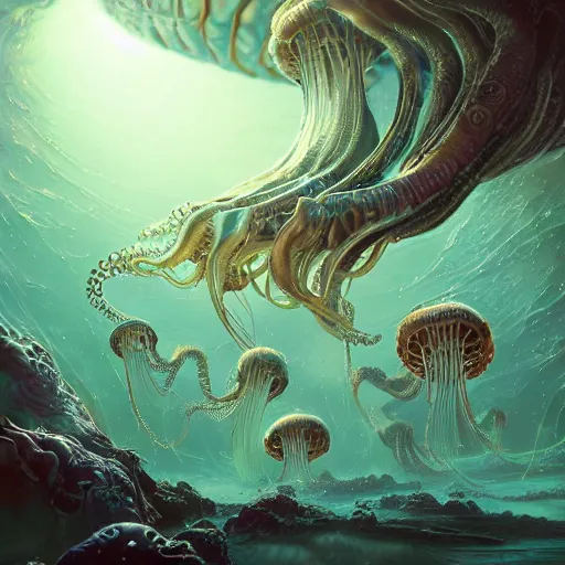 Image similar to photorealistic beautiful and intricate alien jellyfish planet in the style of michael whelan and greg rutkowski. hyperdetailed photorealism, 1 0 8 megapixels, octopus palace, amazing depth, glowing rich colors, powerful imagery, psychedelic overtones, 3 d finalrender, 3 d shading, cinematic lighting, artstation concept art