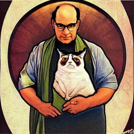 Image similar to “ george costanza from seinfeld holding grumpy cat aloft, halo, art nouveau, by alphonse mucha ”