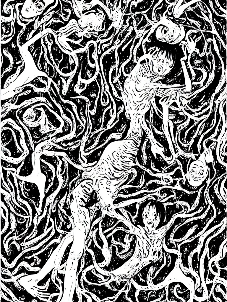 Image similar to black and white illustration creative design junji ito body horror psychedelic
