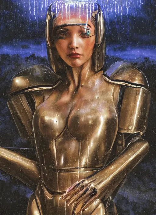 Image similar to a biblical diabolical beautiful female cyber robot girl, rainy, shiny hi tech armor, dynamic pose, splashing, heavy eyes to the side, glowing veins, in clouds, rain and lightning storm, sunset, portrait, by gerald brom, by mikhail vrubel, by peter elson, muted colors, extreme detail, reflections, trending on artstation, 8 k