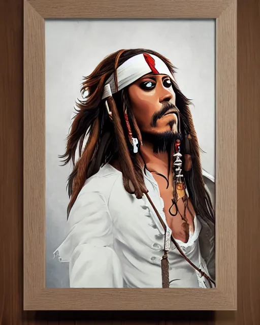 Image similar to a detailed poster in white frame hanging on the wooden wall, portrait of captain jack sparrow, in the style of ilya kuvshinov, rossdraws, wlop