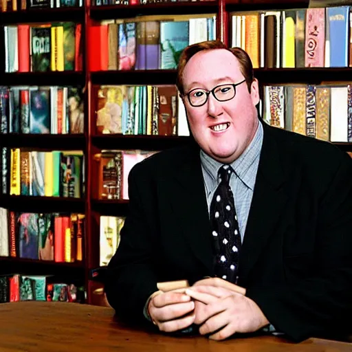 Prompt: 2 0 0 3 john lasseter wearing a black suit and necktie in a bookstore standing next to a round table. there are books being displayed on the table, kodak film, overexposed flash