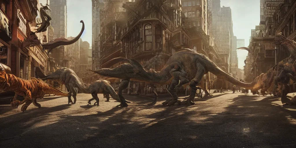 Prompt: a photographic picture of a street full of dinosaurs, photographic filter, unreal engine 5, realistic, hyperdetailed, 8 k, cinematic, volumetric lighting, very realistic effect, hd, hdr, 4 k, sharp focus, octane render, ultra detailed, high resolution, trending on artstation in the style of albert dros glowing rich colors powerful imagery