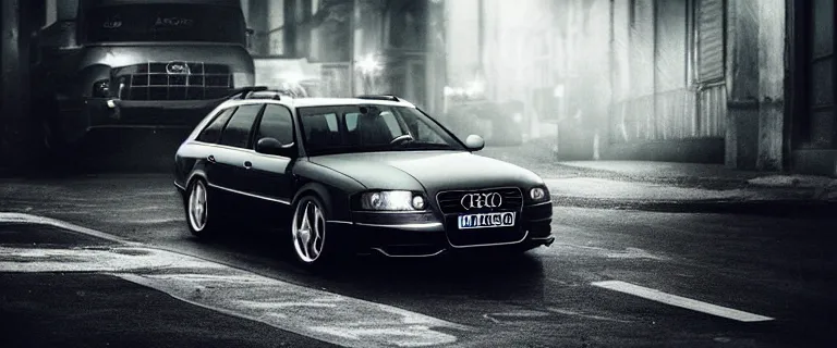 Image similar to Audi A4 B6 Avant (2002), a modern noir, dramatic lighting, cinematic, establishing shot, extremely high detail, photorealistic, cinematic lighting, artstation, style by greg rutkowsky, Max Payne (PC) (2001)